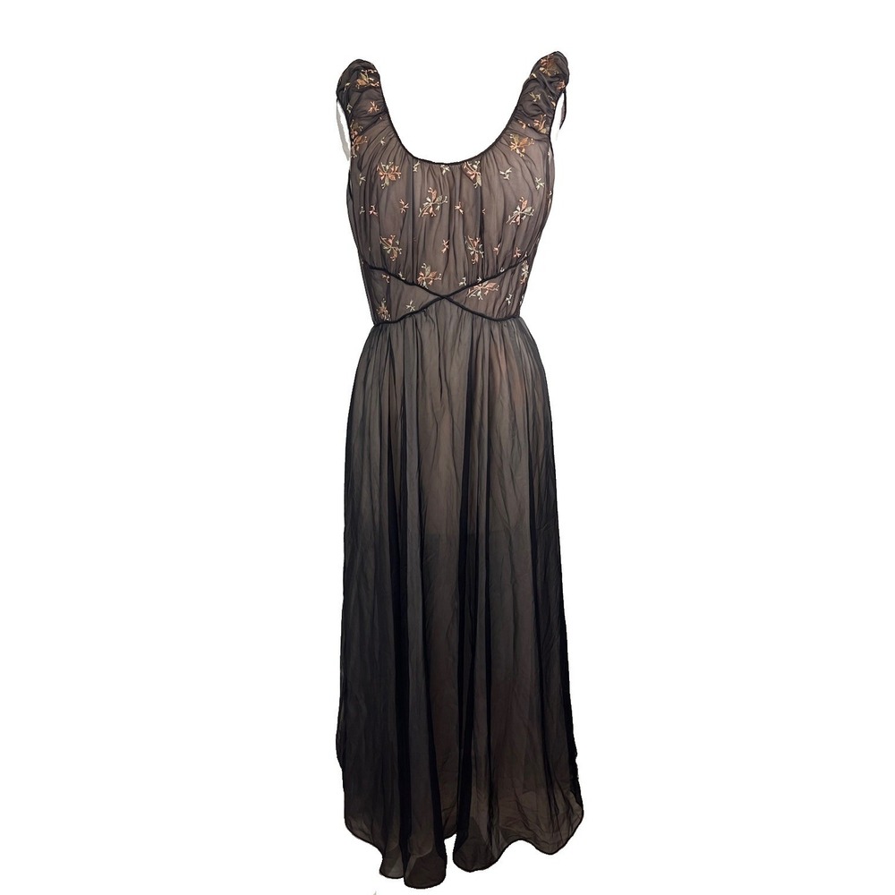 Vintage Sheer Nightgown Black Blush 38 Embroidered 50s Cinderella Full Floral - Picture 2 of 13